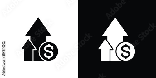 Minimalist flat design icon depicting business growth, investment increase, and market prosperity with upward arrows and a dollar sign