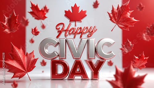 Happy Civic Day greeting with 3D metallic text, festive red maple leaves on white background, Canadian holiday celebration banner