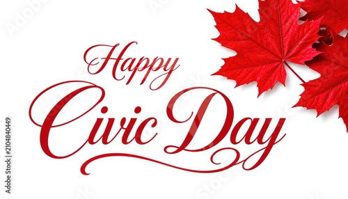 Happy Civic Day greeting card, red maple leaves on white background, Canadian holiday celebration banner with elegant script typography