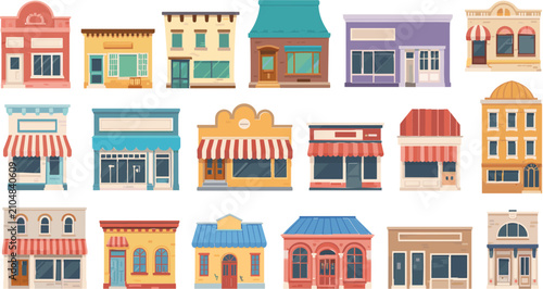 Fotografie Colorful storefront building collection, urban retail shop facades for city, bus
