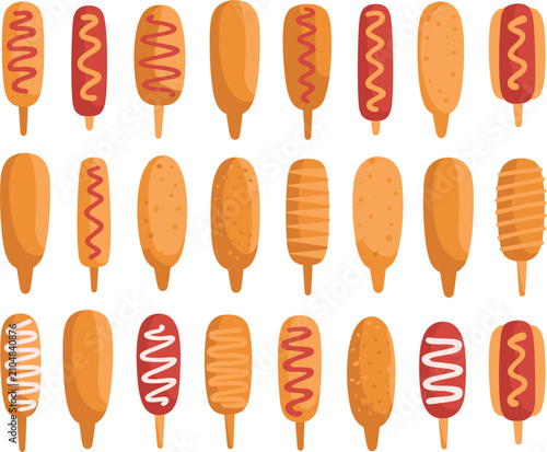 Crispy corn dog collection, delicious street food snacks for festival, menu and restaurant illustrations vector