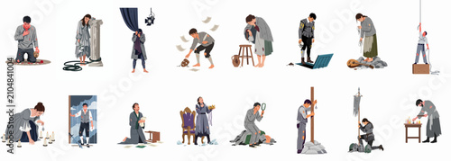 Принти на полотні Collection of Dramatic and Tragic Theatre Characters in Mournful Poses and Perio