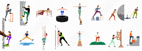 OCR Obstacle Course Training and Fitness Activities Set with People Jumping, Climbing, and Balancing