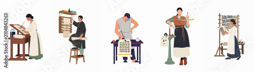 Foto Flat vector illustration set of diverse calligraphers and scribes working on scrolls, manuscripts, and artistic lettering with traditional tools