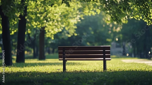 Empty Wooden Bench in a Sunny Green Park