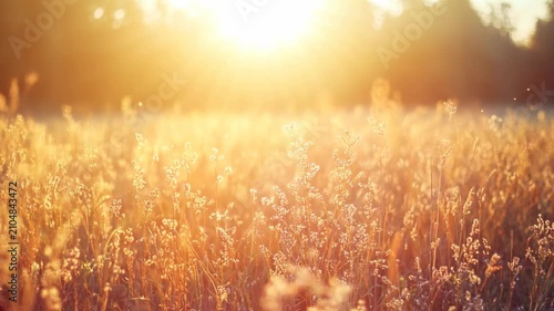 Cinematic Video Still of Golden Meadow at Sunset with Sun Flare