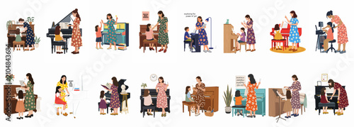 Comprehensive collection of illustrations showing a female teacher giving piano lessons to children, highlighting music education, practice, and student-teacher interaction.