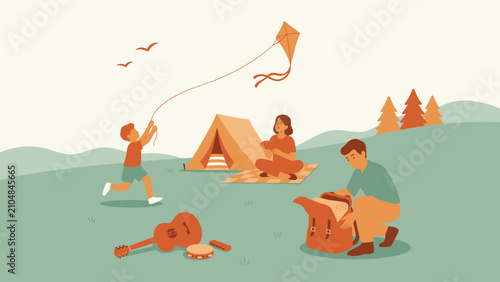 Картината върху платно Family camping trip illustration with parents and child in nature outdoors adven