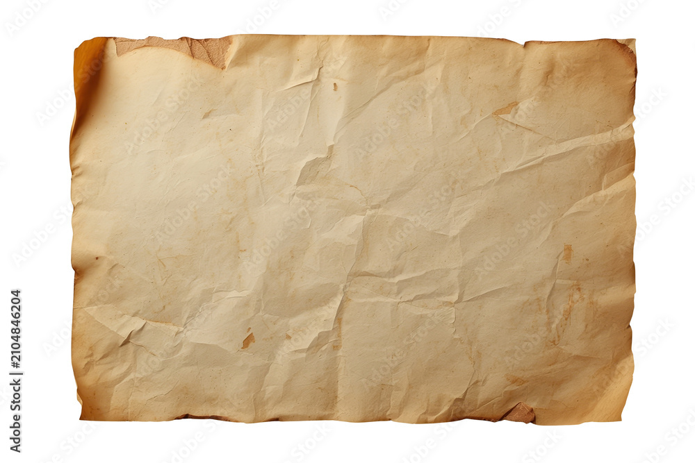 Fototapeta premium Vintage crumpled parchment paper with dark burnt edges and textured background, yellowed sheet displaying aged detail on transparent backdrop