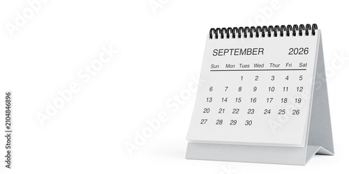 White Desk Monthly September 2026 Business Calendar. 3d Rendering