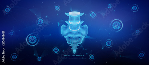 Foto Translucent polygon sacrum bone organ connected medical technology network icons