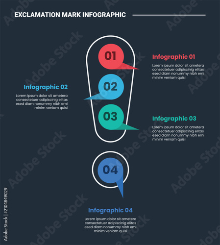 Exclamation mark sign symbol icon infographic process diagram with circle with tail shadow inside callout discussion on opposite list with dark background bright outline style 4 points