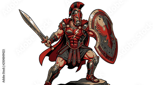 Detailed 3D render of a Roman gladiator in full combat armor and.
