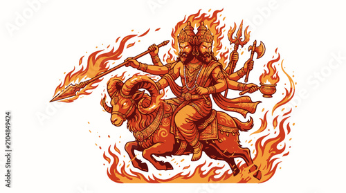 Fiery Digital Illustration of Hindu Goddess Durga in Combat Pose.