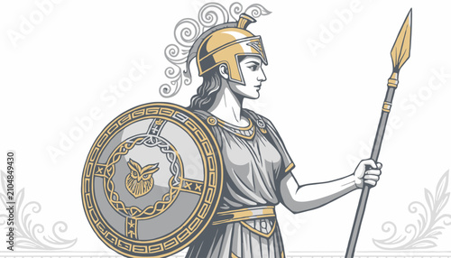 Detailed Illustration of Ancient Greek Warrior Goddess with Shield and Spear.