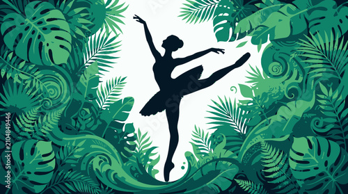 Tropical jungle background with ballerina silhouette vector illustration design