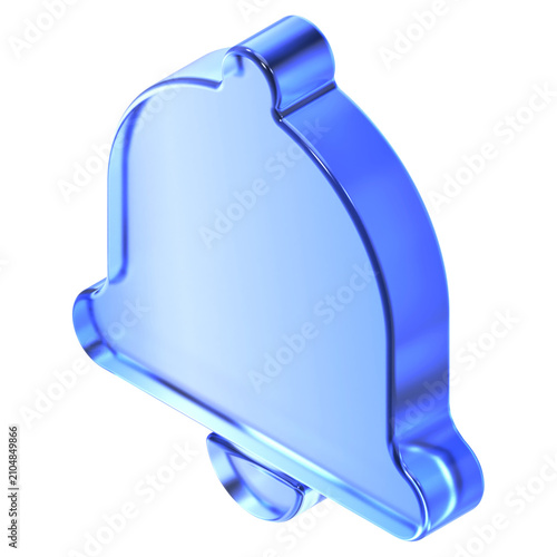 Glassmorphism notification bell icon in isometric view featuring transparent blue glossy finish. Translucent system alarm alert design element suited