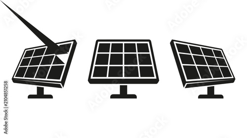 Foto Black solar panel icons with sun ray indicator lines.