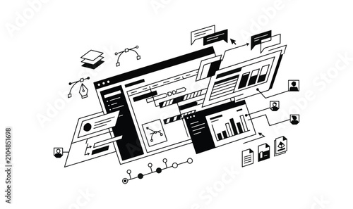 Premium Isometric Design Software Vector Illustration - Bezier Pen Tool, Motion Video Timeline, Creative Team Collaboration  Dashboard Analytics Line Art Concept