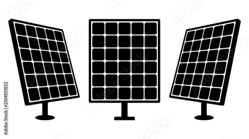 Fotografie Three black solar panel silhouettes on white background.