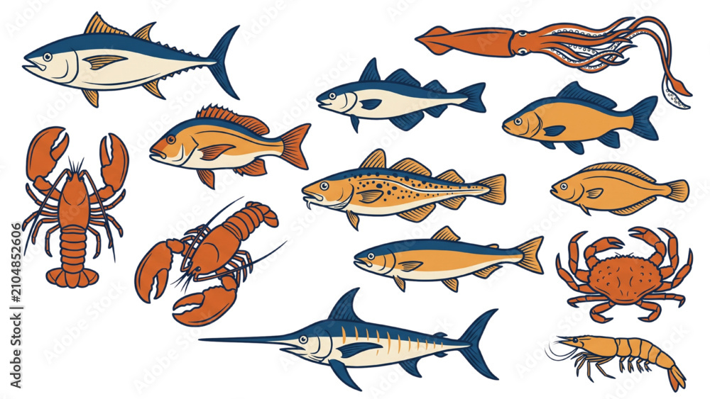 Fototapeta premium Collection of various seafood and fish, including lobster, crab, shrimp, tuna, swordfish, and squid, depicted in a colorful illustration