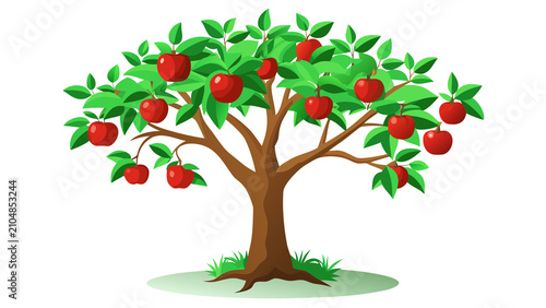 Cartoon apple tree with red apples and green leaves