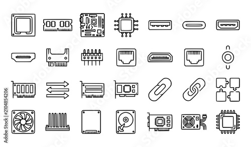 Computer internal system thin line icon set editable stroke motherboard architecture vector