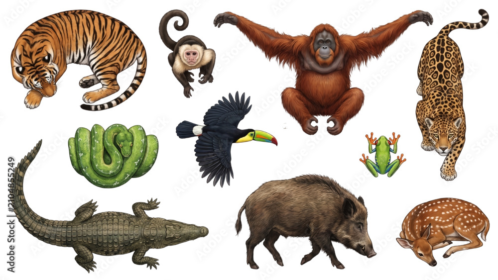 Fototapeta premium Collection of various animals found in the wild, including a tiger, orangutan, monkey, toucan, crocodile, wild boar, and other creature