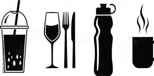 Bild auf Leinwand Beverage and Dining Icon Set Featuring Cold Drink Water Bottle Coffee Mug Wine G