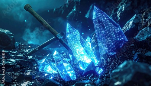 Glowing blue crystals with pickaxe mining.