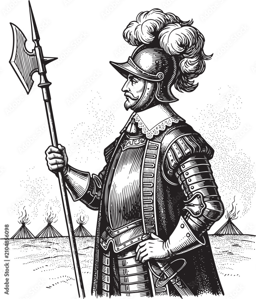 Obraz premium Historical Engraving Illustration of a Soldier with Halberd and
