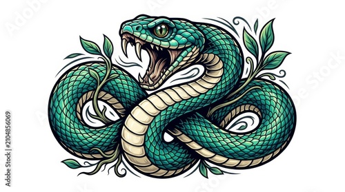 Fierce Teal Snake Illustration with Leaves Design