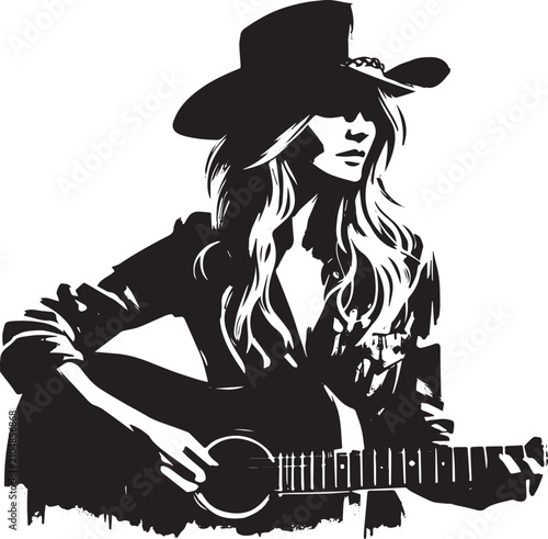Monochrome illustration of a female musician playing acoustic gu