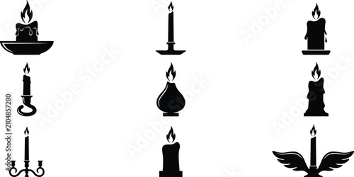 Fotografía Burning Candle Silhouette Icon Set with Decorative Candle Holders and Flame Symb