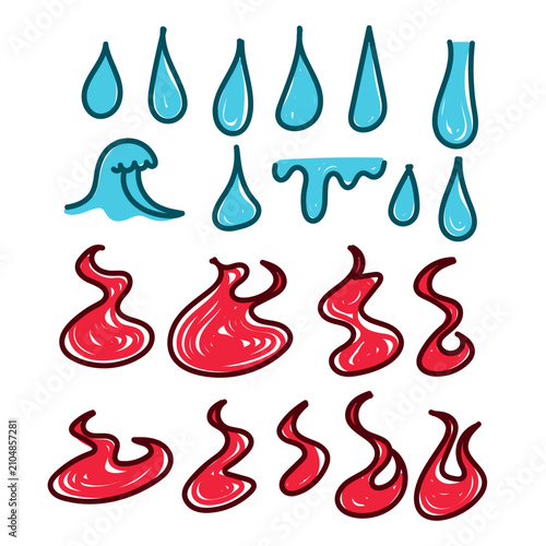 handdrawn doodle style natural elements featuring fire flames, water drops, splashes, waves, and smoke. Perfect for nature concepts, weather, energy, spicy food, liquid, and danger symbols