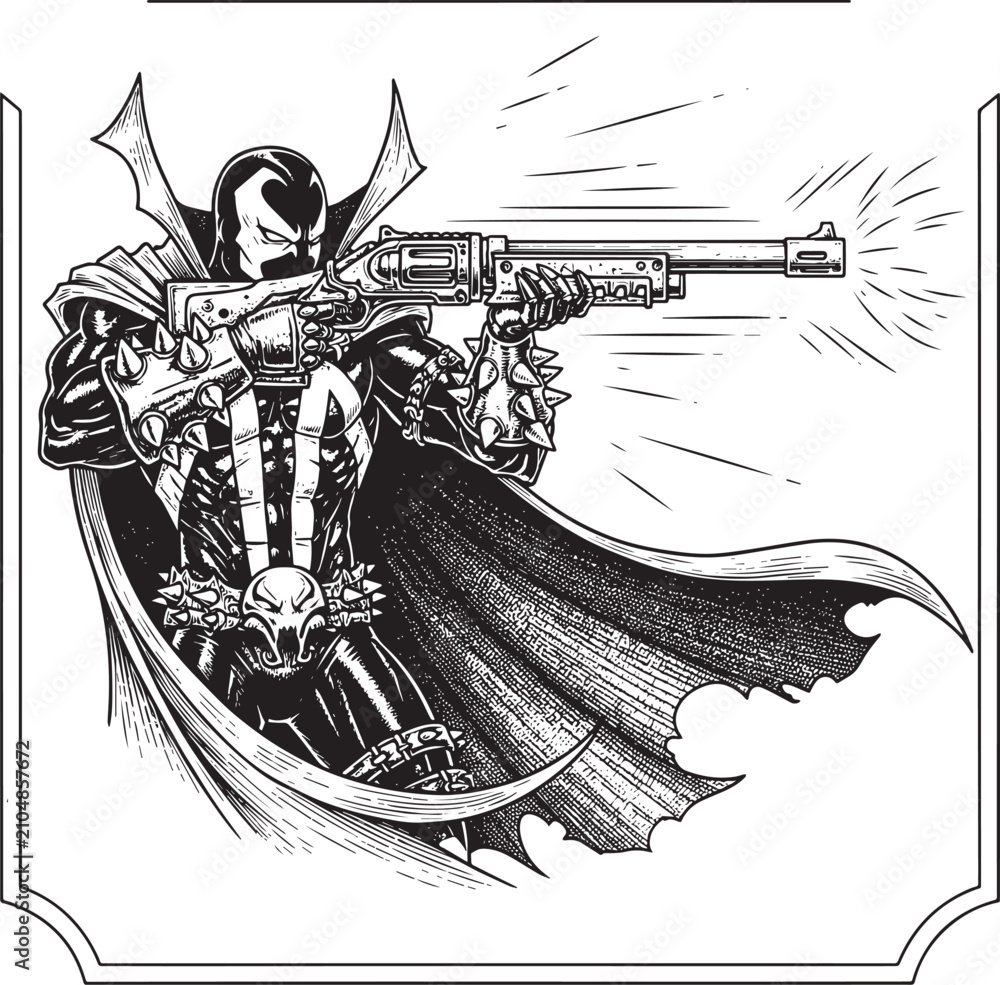 Fototapeta premium Engraved illustration of a comic superhero with a weapon in a dy