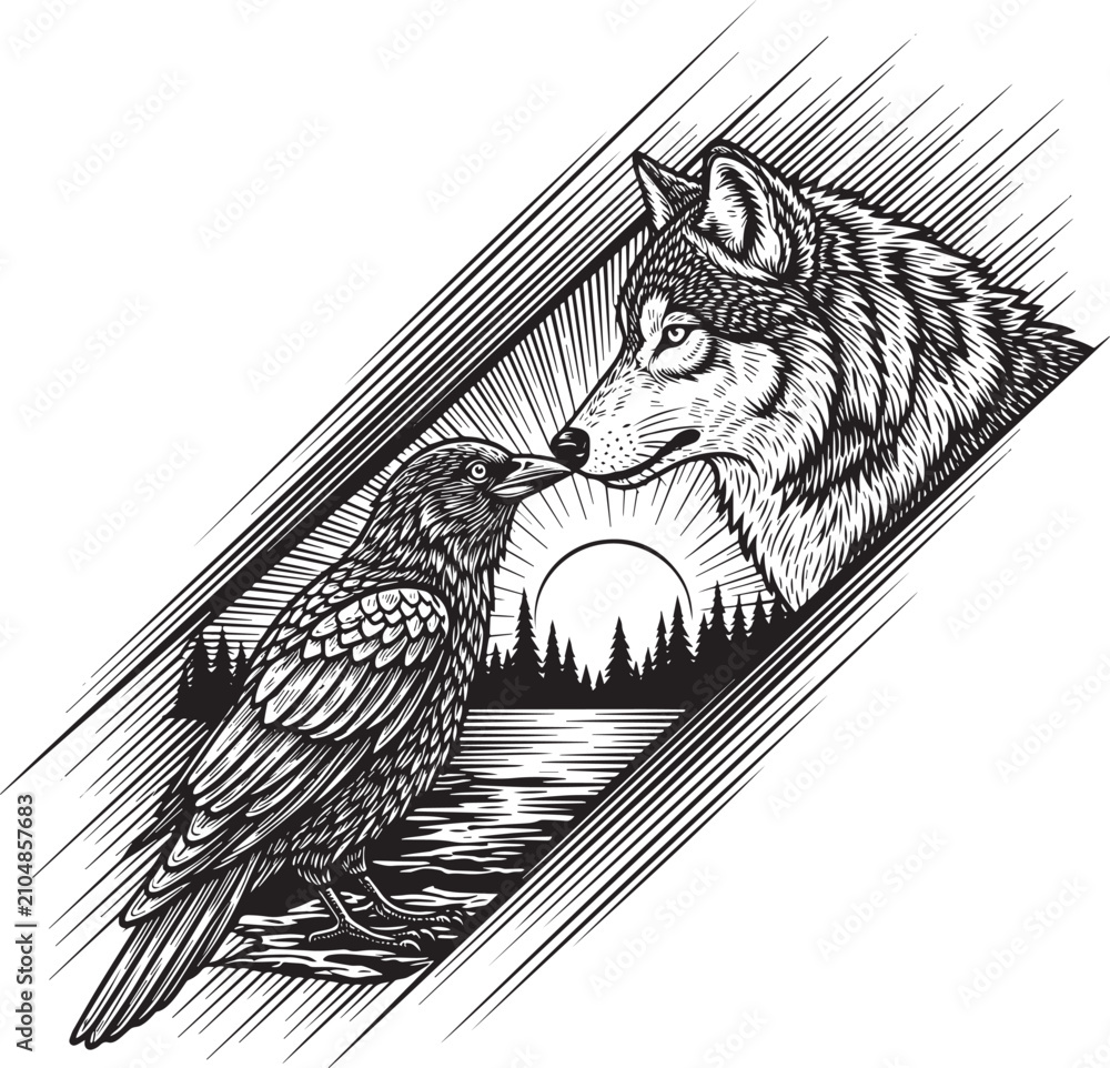 Obraz premium Engraved Raven and Wolf Encounter Illustration in Black and Whit