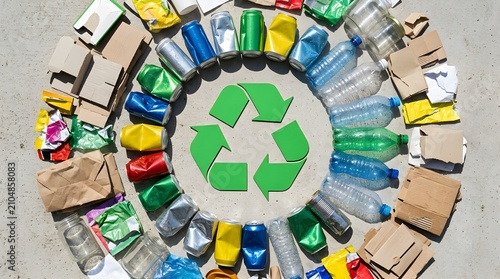 Assorted Recyclable Waste Materials Arranged in a Circular Formation Around a Green Recycle Symbol for Environmental Protection