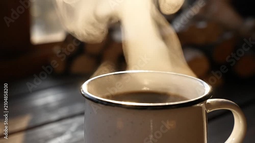 Hot Steaming Coffee in White Mug with Cozy Fireplace Background, Morning Beverage Comfort and Warmth for Relaxation