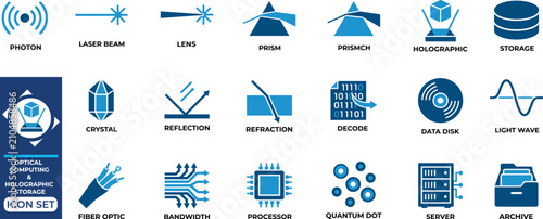 Photos Optical computing and holographic storage icon set with laser light science technology
