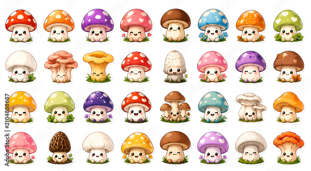 Fototapeta premium Cute Kawaii Mushroom Sticker Collection Set. Adorable Cartoon Forest Fungi Characters. Colorful, happy, smiling. Red, pink, blue, yellow, purple