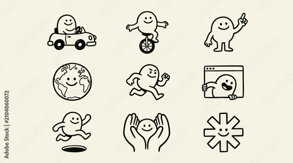 Fototapeta premium Cheerful blob character icons showing different emotions and daily activities.