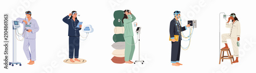 Photos Illustration of diverse people undergoing medical sleep studies and monitoring for sleep disorders using various diagnostic sensors and equipment