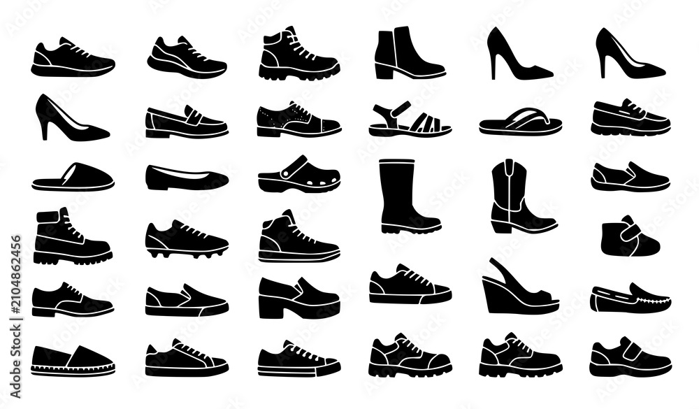 Obraz premium Classic Shoes Icon Set Black Silhouette Collection Isolated on White Background Vector Illustration