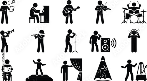 Obraz na plátně Set of music icons featuring people playing various musical instruments and perf