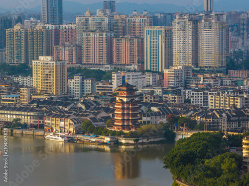 Aerial View of Hejiang Tower in Huizhou City at Morning, Guangdong Province, China