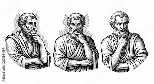 Three ancient philosophers in thoughtful poses, black and white illustration