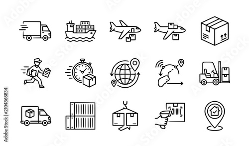 Shipping and delivery transport thin line icon set editable stroke logistics vector