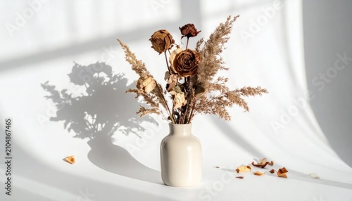 Dried floral arrangement in ceramic vase with dramatic shadows.