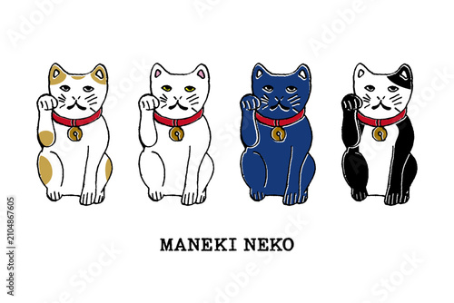 Fotografía Hand drawn Maneki Neko set, Japanese lucky cats, vintage ink illustration